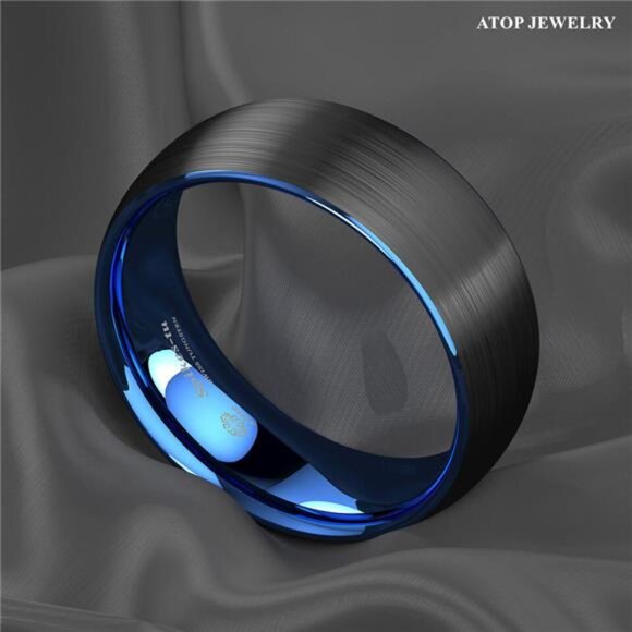 Men's Wedding Band Rings - Dome Brushed Blue Black - Wedding Rings - Picture 8 of 9